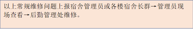 以上常规维修问题上报宿舍管理员或各楼宿舍长群→管理员现场查看→后勤管理处维修。